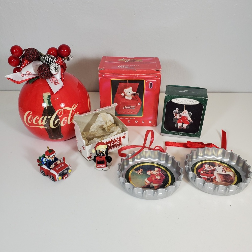 7 Coca Cola Christmas Ornaments Lot Musical Ball Bottle Caps Mini Car Dog Santa